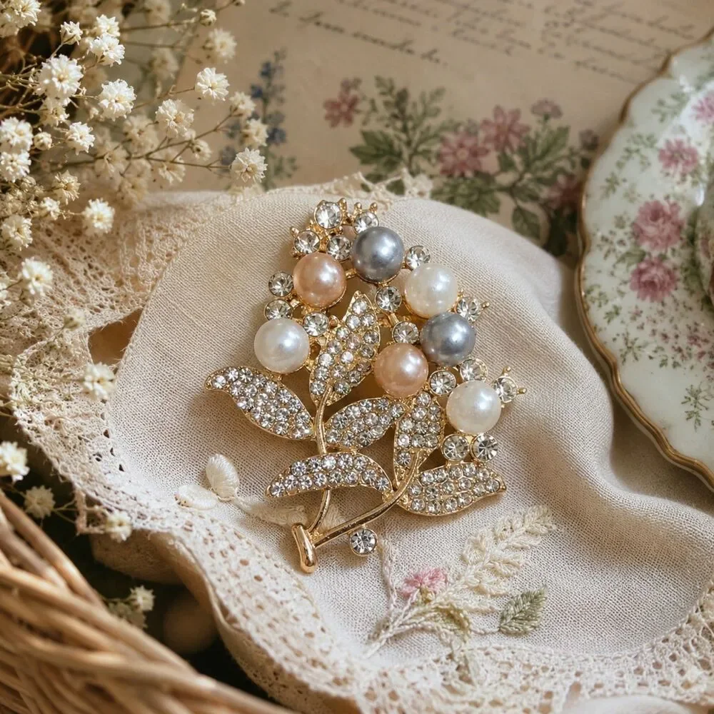 Pearl Rhinestone Floral Brooch, Gold Tone Flower Bouquet Pin, Cottagecore Brooch